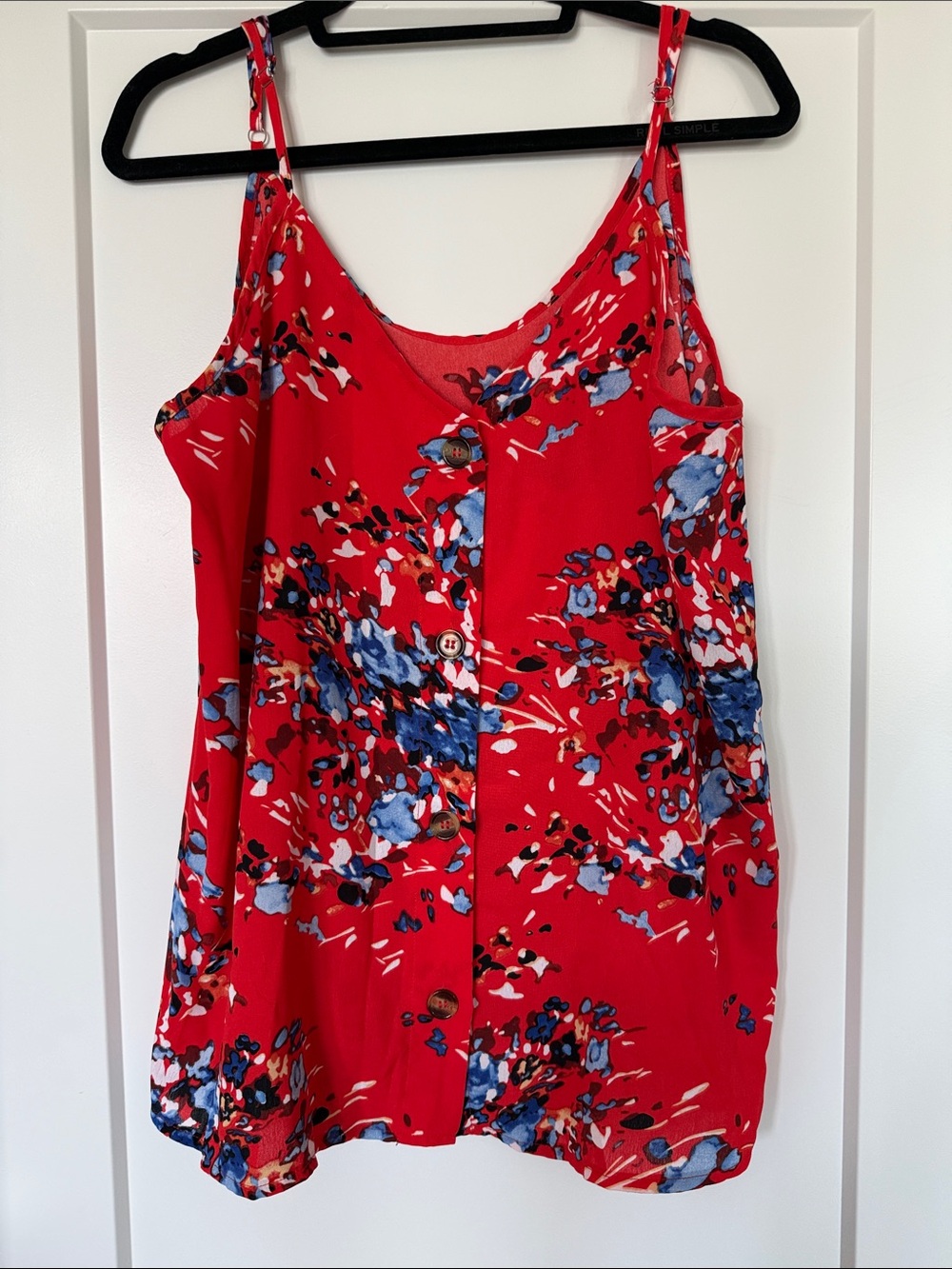 Sleeveless Red Floral Button-Front Tank Top